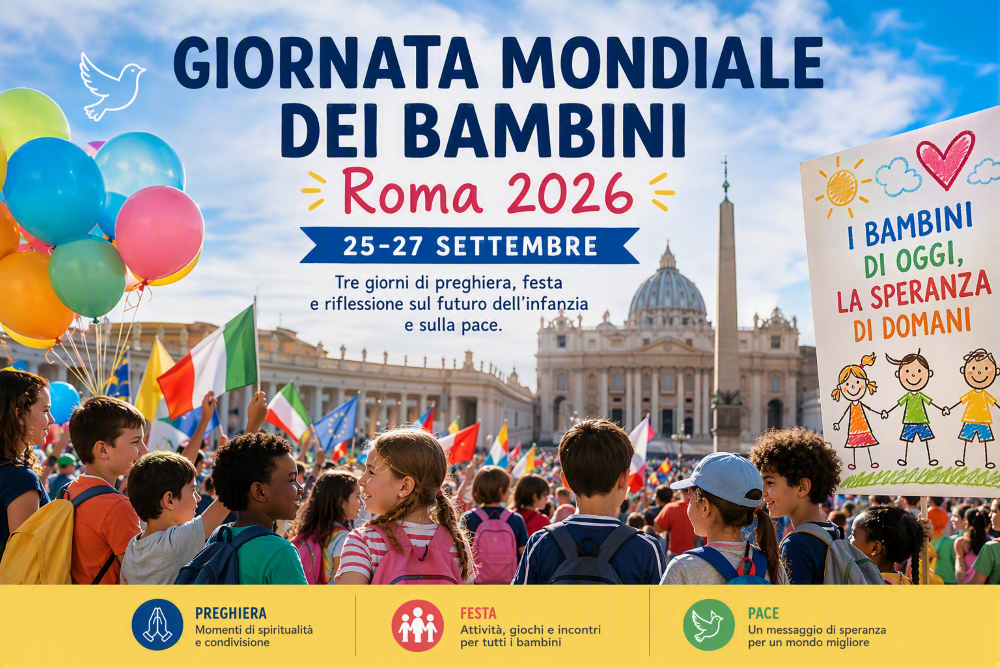 Locandina della Giornata Mondiale dei Bambini, Roma 25–27 settembre 2026: bambini con palloncini e bandiere in Piazza San Pietro.