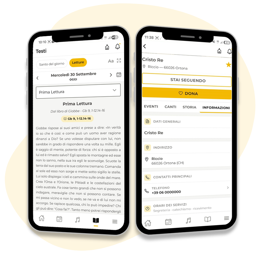 Due smartphone con l'app TiLodo: le letture del giorno e la pagina informazioni della parrocchia