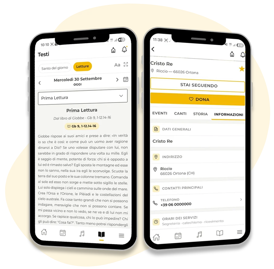 Due smartphone con l'app TiLodo: le letture del giorno e la pagina informazioni della parrocchia