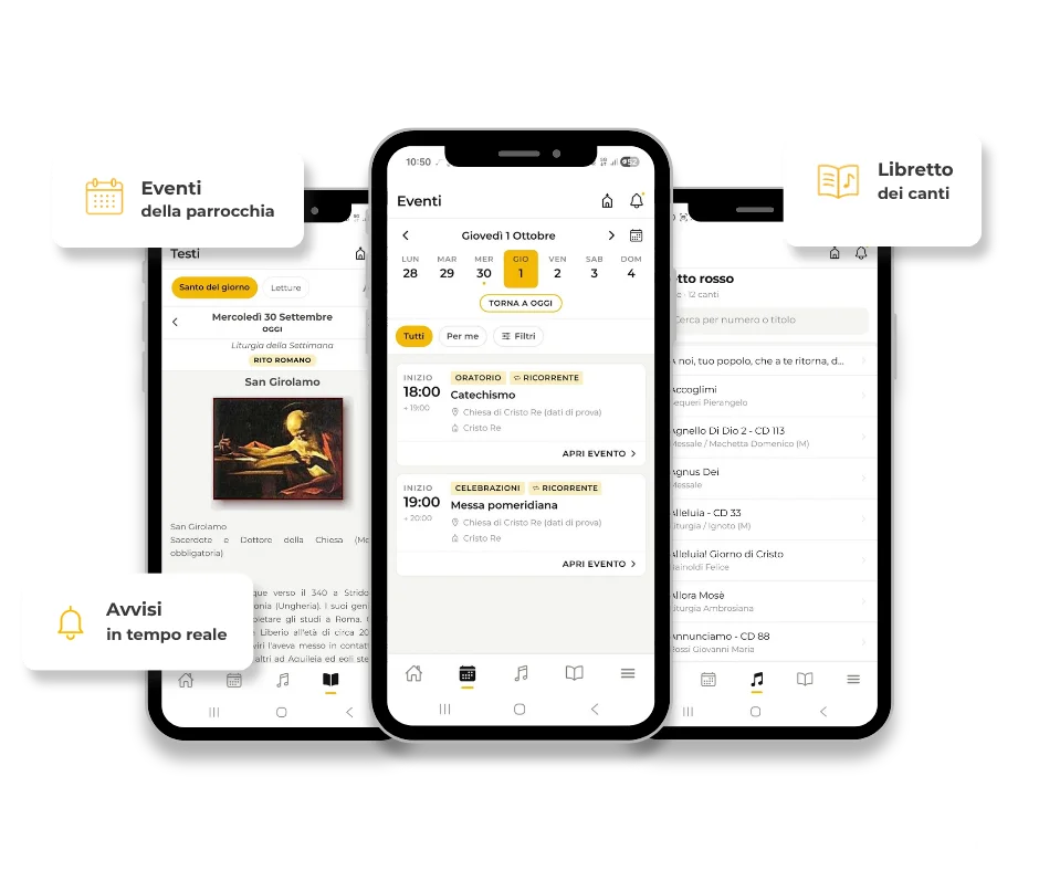 App TiLodo su smartphone: eventi della parrocchia, libretto dei canti e avvisi in tempo reale